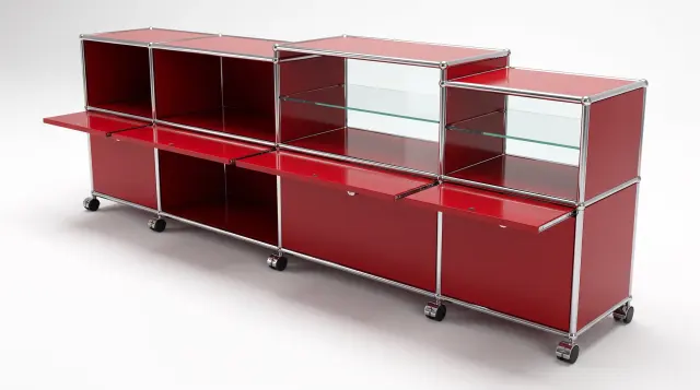 Sideboard in Ruby red (RAL 3003), compatible with USM Haller – 2500 × 745 × 395 mm, 8 compartments, 1 drop-down door, 2 pull-out shelves, with glass – photorealistic preview