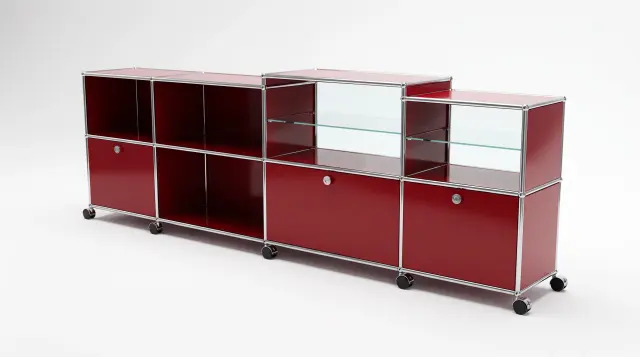Sideboard in Ruby red (RAL 3003), compatible with USM Haller – 2500 × 745 × 395 mm, 8 compartments, 1 drop-down door, 2 pull-out shelves, with glass – photorealistic preview