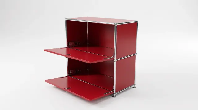 Sideboard in Ruby red (RAL 3003), compatible with USM Haller – 750 × 700 × 350 mm, 2 compartments, 2 drop-down doors – photorealistic preview