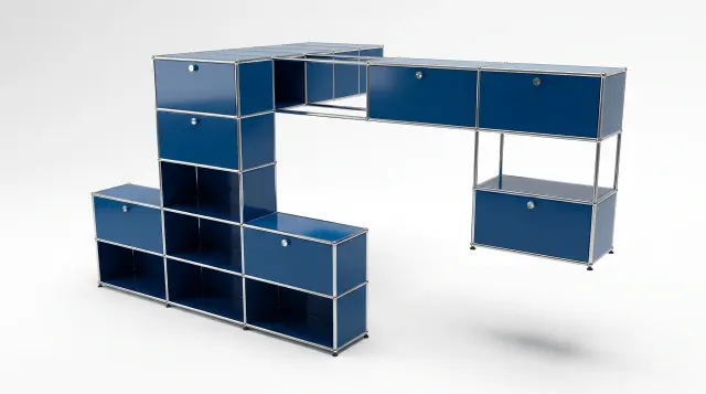 Shelving unit in Gentian blue (RAL 5010), compatible with USM Haller – 3750 × 1750 × 1750 mm, 18 compartments, 11 drop-down doors – photorealistic preview