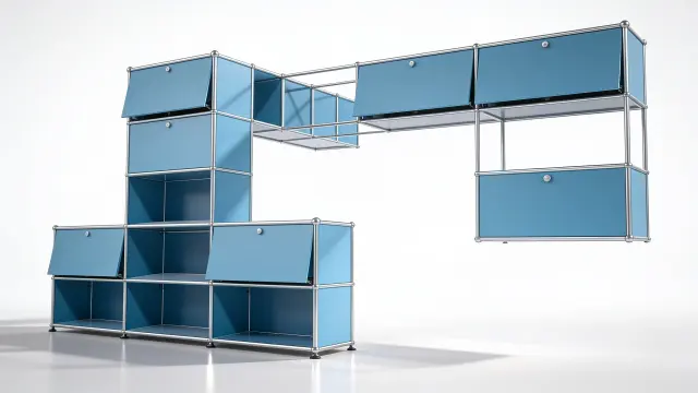 Shelving unit in Gentian blue (RAL 5010), compatible with USM Haller – 3750 × 1750 × 1750 mm, 18 compartments, 11 drop-down doors – photorealistic preview