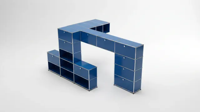 Shelving unit in Gentian blue (RAL 5010), compatible with USM Haller – 4500 × 1400 × 1750 mm, 19 compartments, 14 drop-down doors – photorealistic preview