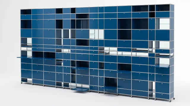 Shelving unit in Gentian blue (RAL 5010), compatible with USM Haller – 8550 × 4100 × 500 mm, 168 compartments, 43 drop-down doors, 15 pull-out shelves, with glass – photorealistic preview