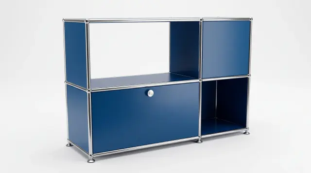 Sideboard in Gentian blue (RAL 5010), compatible with USM Haller – 1100 × 700 × 350 mm, 4 compartments, 1 drop-down door – photorealistic preview