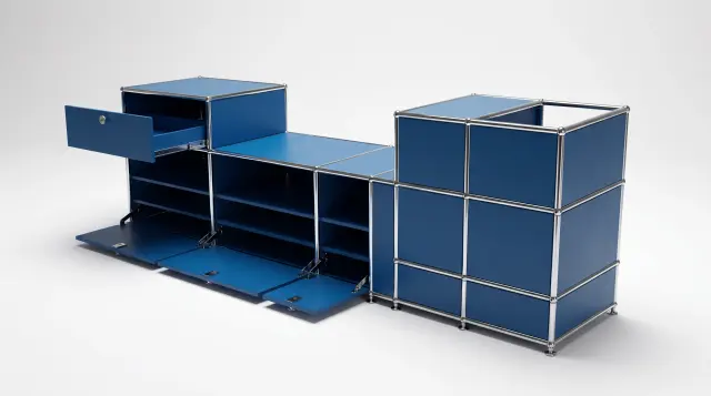 Sideboard in Gentian blue (RAL 5010), compatible with USM Haller – 1850 × 550 × 500 mm, 11 compartments, 3 drop-down doors, 1 pull-out shelf – photorealistic preview
