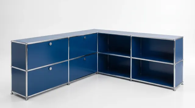 Shelving unit in Gentian blue (RAL 5010), compatible with USM Haller – 1850 × 1750 × 500 mm, 9 compartments – photorealistic preview