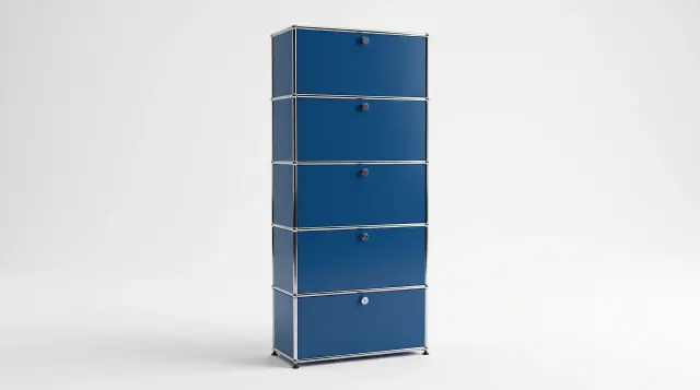 Shelving unit in Gentian blue (RAL 5010), compatible with USM Haller – 750 × 1750 × 350 mm, 5 compartments, 1 drop-down door – photorealistic preview