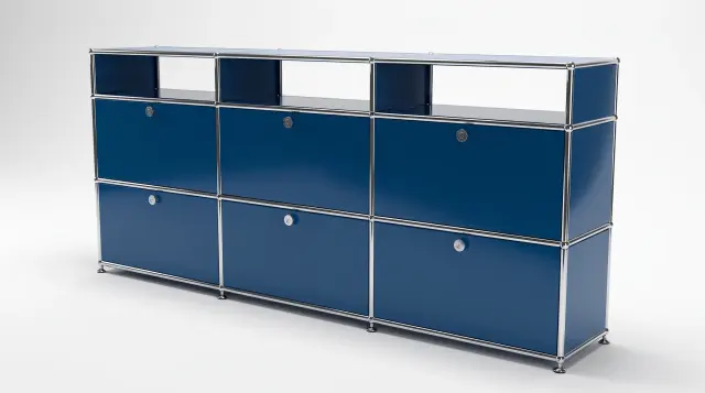 Sideboard in Gentian blue (RAL 5010), compatible with USM Haller – 2250 × 875 × 350 mm, 9 compartments, 6 drop-down doors – photorealistic preview