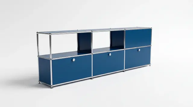 Sideboard in Gentian blue (RAL 5010), compatible with USM Haller – 1450 × 625 × 350 mm, 6 compartments, 1 drop-down door – photorealistic preview