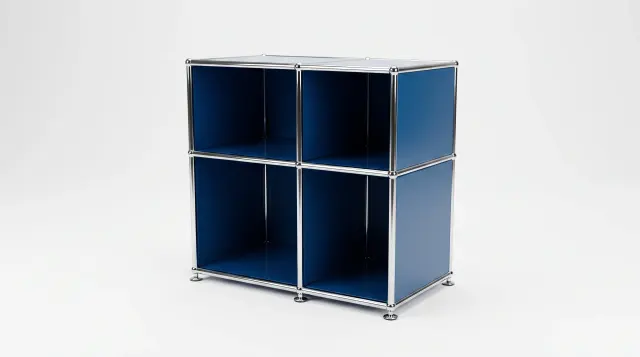 Sideboard in Gentian blue (RAL 5010), compatible with USM Haller – 600 × 600 × 350 mm, 4 compartments – photorealistic preview