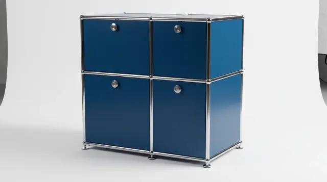 Sideboard in Gentian blue (RAL 5010), compatible with USM Haller – 600 × 600 × 350 mm, 4 compartments, 4 drop-down doors – photorealistic preview