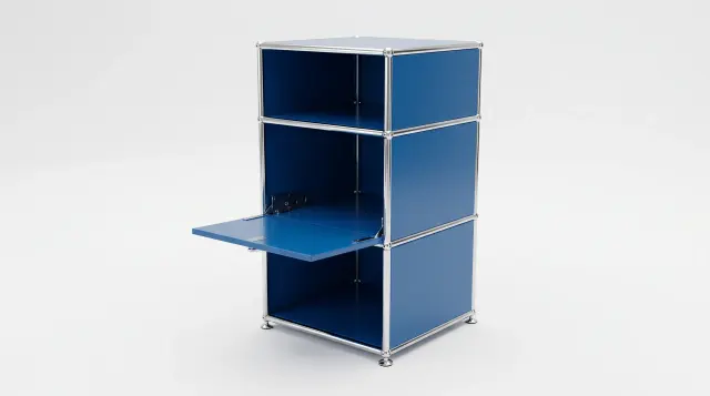 Shelving unit in Gentian blue (RAL 5010), compatible with USM Haller – 500 × 950 × 500 mm, 3 compartments, 2 drop-down doors – photorealistic preview