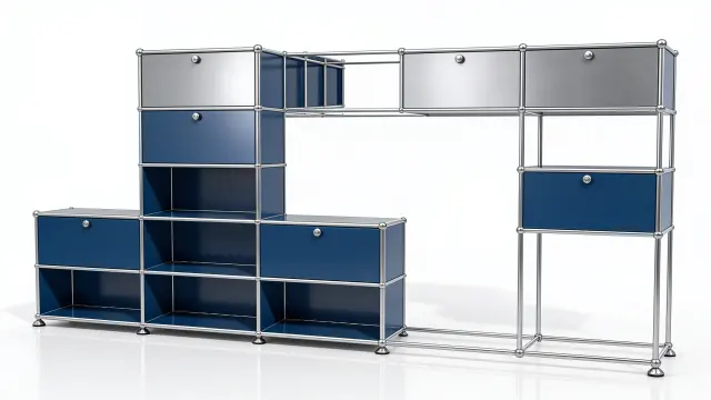 Shelving unit in Steel blue (RAL 5011), compatible with USM Haller – 3750 × 1750 × 1750 mm, 18 compartments, 11 drop-down doors – photorealistic preview