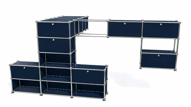 Shelving unit in Steel blue (RAL 5011), compatible with USM Haller – 3750 × 1750 × 1750 mm, 18 compartments, 11 drop-down doors – photorealistic preview