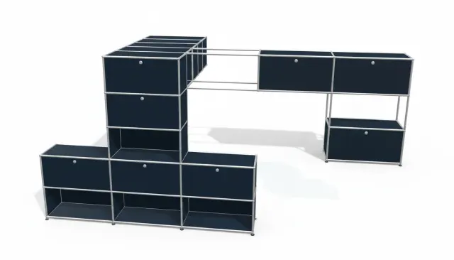 Shelving unit in Steel blue (RAL 5011), compatible with USM Haller – 3750 × 1750 × 1750 mm, 18 compartments, 11 drop-down doors – photorealistic preview