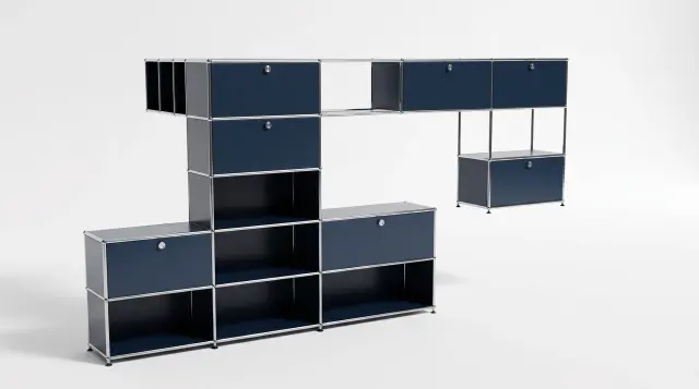 Shelving unit in Steel blue (RAL 5011), compatible with USM Haller – 3750 × 1750 × 1750 mm, 18 compartments, 11 drop-down doors – photorealistic preview