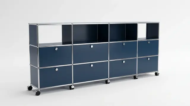 スチールブルー（RAL 5011）のシェルフ（USMハラー対応） – 2500 × 1050 × 350 mm、12区画、フラップ扉6枚 – フォトリアルなプレビュー