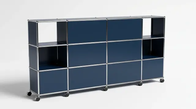 スチールブルー（RAL 5011）のシェルフ（USMハラー対応） – 2500 × 1050 × 350 mm、12区画、フラップ扉6枚 – フォトリアルなプレビュー
