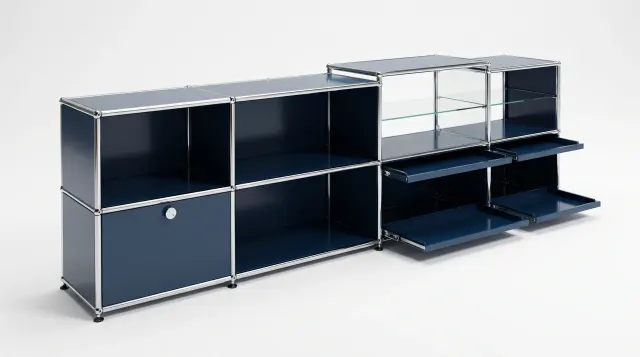 Sideboard in Steel blue (RAL 5011), compatible with USM Haller – 2500 × 745 × 395 mm, 8 compartments, 2 drop-down doors, 1 pull-out shelf, with glass – photorealistic preview