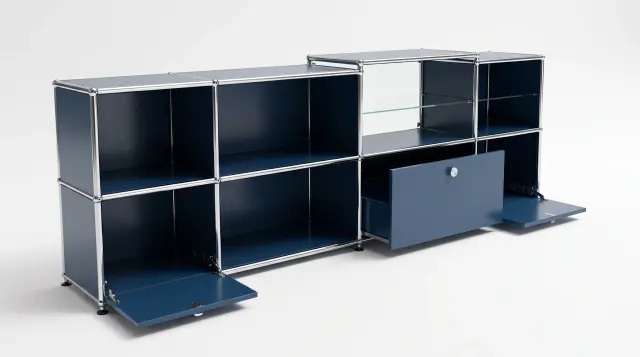 Sideboard in Steel blue (RAL 5011), compatible with USM Haller – 2500 × 745 × 395 mm, 8 compartments, 2 drop-down doors, 1 pull-out shelf, with glass – photorealistic preview