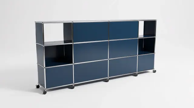 スチールブルー（RAL 5011）のシェルフ（USMハラー対応） – 2500 × 1050 × 350 mm、12区画、フラップ扉6枚 – フォトリアルなプレビュー