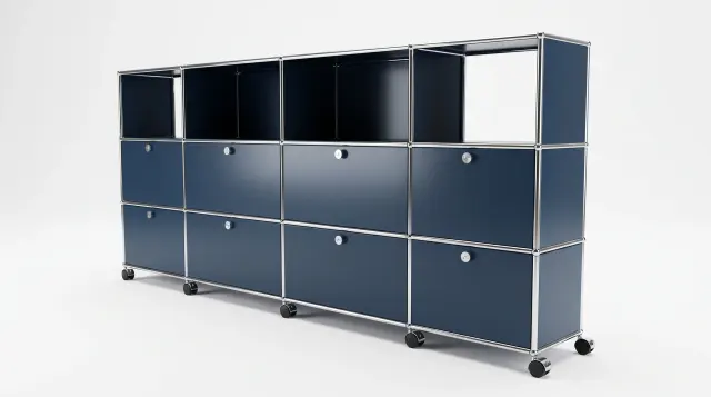 スチールブルー（RAL 5011）のシェルフ（USMハラー対応） – 2500 × 1050 × 350 mm、12区画、フラップ扉6枚 – フォトリアルなプレビュー