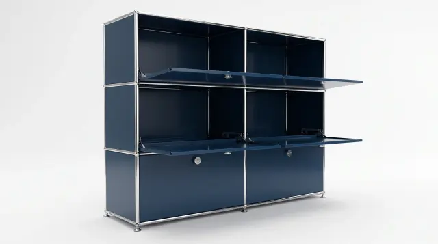 Shelving unit in Steel blue (RAL 5011), compatible with USM Haller – 1500 × 1050 × 395 mm, 6 compartments, 4 drop-down doors, 2 pull-out shelves – photorealistic preview