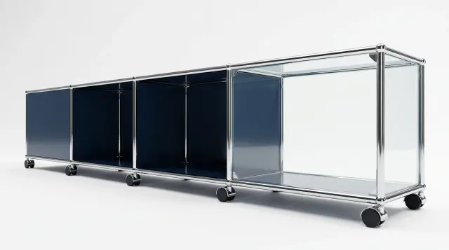 スチールブルー（RAL 5011）のサイドボード（USMハラー対応） – 3500 × 500 × 350 mm、5区画、ガラス付き – フォトリアルなプレビュー