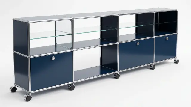 Sideboard in Steel blue (RAL 5011), compatible with USM Haller – 2500 × 745 × 395 mm, 8 compartments, 1 drop-down door, 2 pull-out shelves, with glass – photorealistic preview