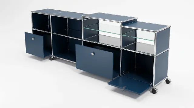 Sideboard in Steel blue (RAL 5011), compatible with USM Haller – 2500 × 745 × 395 mm, 8 compartments, 1 drop-down door, 2 pull-out shelves, with glass – photorealistic preview