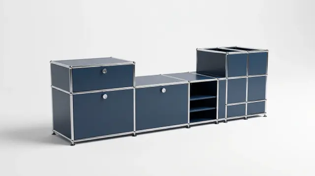Sideboard in Steel blue (RAL 5011), compatible with USM Haller – 1900 × 550 × 500 mm, 11 compartments, 2 drop-down doors, 1 pull-out shelf – photorealistic preview