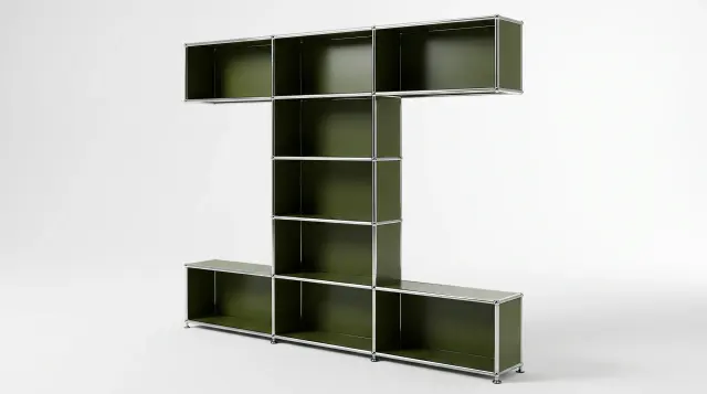 Shelving unit in Olive green (RAL 6003), compatible with USM Haller – 2250 × 1750 × 350 mm, 9 compartments – photorealistic preview