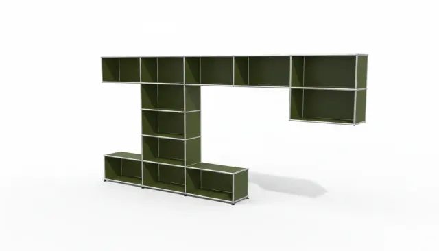 Shelving unit in Olive green (RAL 6003), compatible with USM Haller – 2250 × 1750 × 350 mm, 9 compartments – photorealistic preview