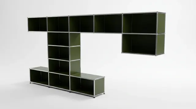 Shelving unit in Olive green (RAL 6003), compatible with USM Haller – 2250 × 1750 × 350 mm, 9 compartments – photorealistic preview