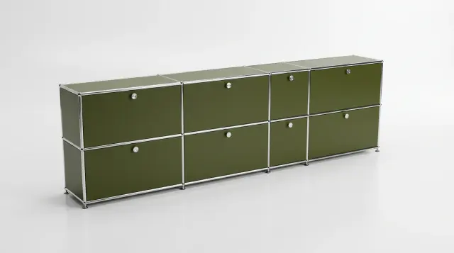 Sideboard in Olive green (RAL 6003), compatible with USM Haller – 3000 × 700 × 350 mm, 8 compartments, 8 drop-down doors – photorealistic preview