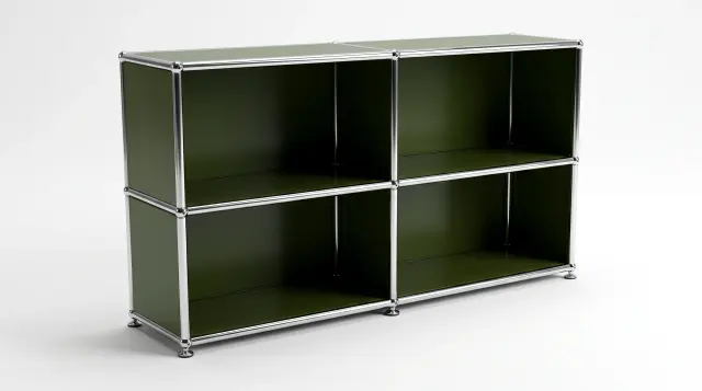 Sideboard in Olive green (RAL 6003), compatible with USM Haller – 2250 × 700 × 350 mm, 6 compartments – photorealistic preview