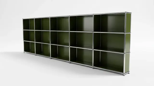 Shelving unit in Olive green (RAL 6003), compatible with USM Haller – 3000 × 1050 × 350 mm, 12 compartments – photorealistic preview