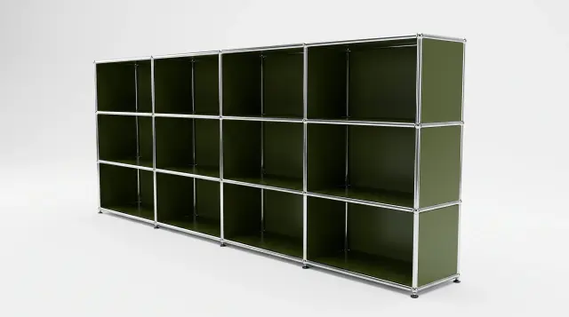 Shelving unit in Olive green (RAL 6003), compatible with USM Haller – 3000 × 1050 × 350 mm, 12 compartments – photorealistic preview