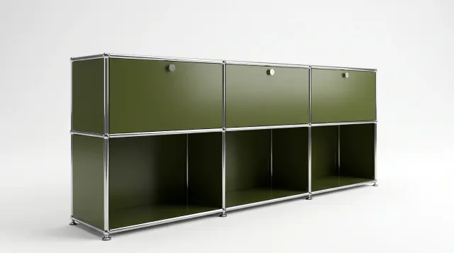 Sideboard in Olive green (RAL 6003), compatible with USM Haller – 1785 × 700 × 350 mm, 6 compartments, 3 drop-down doors – photorealistic preview