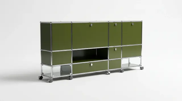 Sideboard in Olive green (RAL 6003), compatible with USM Haller – 1950 × 925 × 700 mm, 15 compartments, 5 drop-down doors, with glass – photorealistic preview
