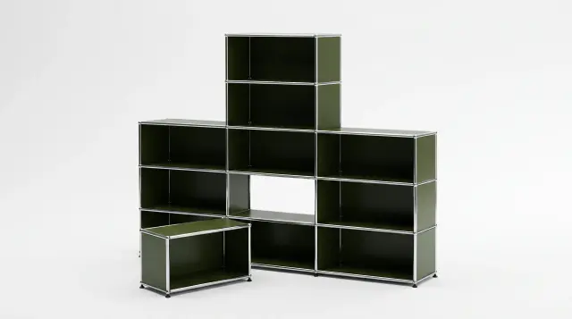 Shelving unit in Olive green (RAL 6003), compatible with USM Haller – 2250 × 1750 × 350 mm, 10 compartments – photorealistic preview