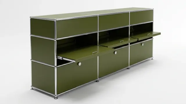 Sideboard in Olivgrün (RAL 6003), kompatibel mit USM Haller – 2250 × 950 × 500 mm, 9 Fächer, 9 Auszüge – fotorealistische Vorschau