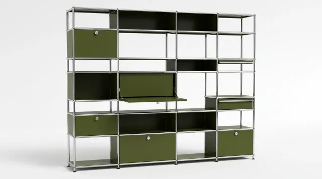 Shelving unit in Olive green (RAL 6003), compatible with USM Haller – 2250 × 1900 × 350 mm, 26 compartments, 3 drop-down doors, 2 pull-out shelves – photorealistic preview