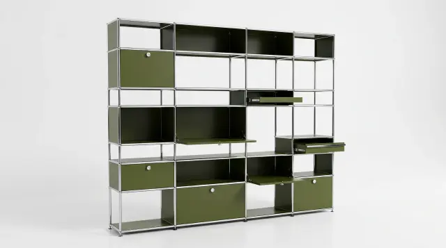 Shelving unit in Olive green (RAL 6003), compatible with USM Haller – 2250 × 1900 × 350 mm, 26 compartments, 3 drop-down doors, 2 pull-out shelves – photorealistic preview