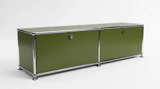 Sideboard in Olive green (RAL 6003), compatible with USM Haller – 1500 × 395 × 500 mm, 2 compartments, 2 pull-out shelves – photorealistic preview