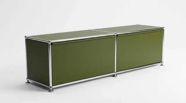 Sideboard in Olive green (RAL 6003), compatible with USM Haller – 1500 × 395 × 500 mm, 2 compartments, 2 pull-out shelves – photorealistic preview