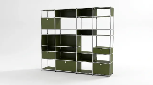 Shelving unit in Olive green (RAL 6003), compatible with USM Haller – 2250 × 1900 × 350 mm, 26 compartments, 3 drop-down doors, 2 pull-out shelves – photorealistic preview