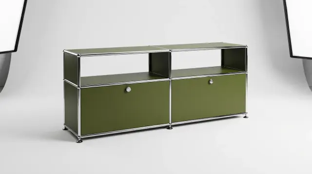 Sideboard in Olive green (RAL 6003), compatible with USM Haller – 1500 × 550 × 350 mm, 4 compartments, 2 drop-down doors – photorealistic preview