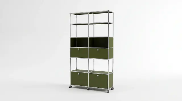 Shelving unit in Olive green (RAL 6003), compatible with USM Haller – 1000 × 1800 × 250 mm, 12 compartments, 4 drop-down doors – photorealistic preview