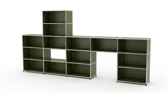 Shelving unit in Olive green (RAL 6003), compatible with USM Haller – 3750 × 1750 × 350 mm, 14 compartments – photorealistic preview